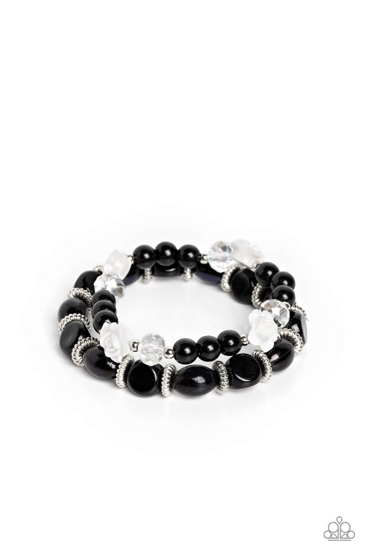 Who ROSE There? - Black Beads & Pearls/Silver Studded Rings/White Roses Paparazzi Set of 2 Stretch Bracelets