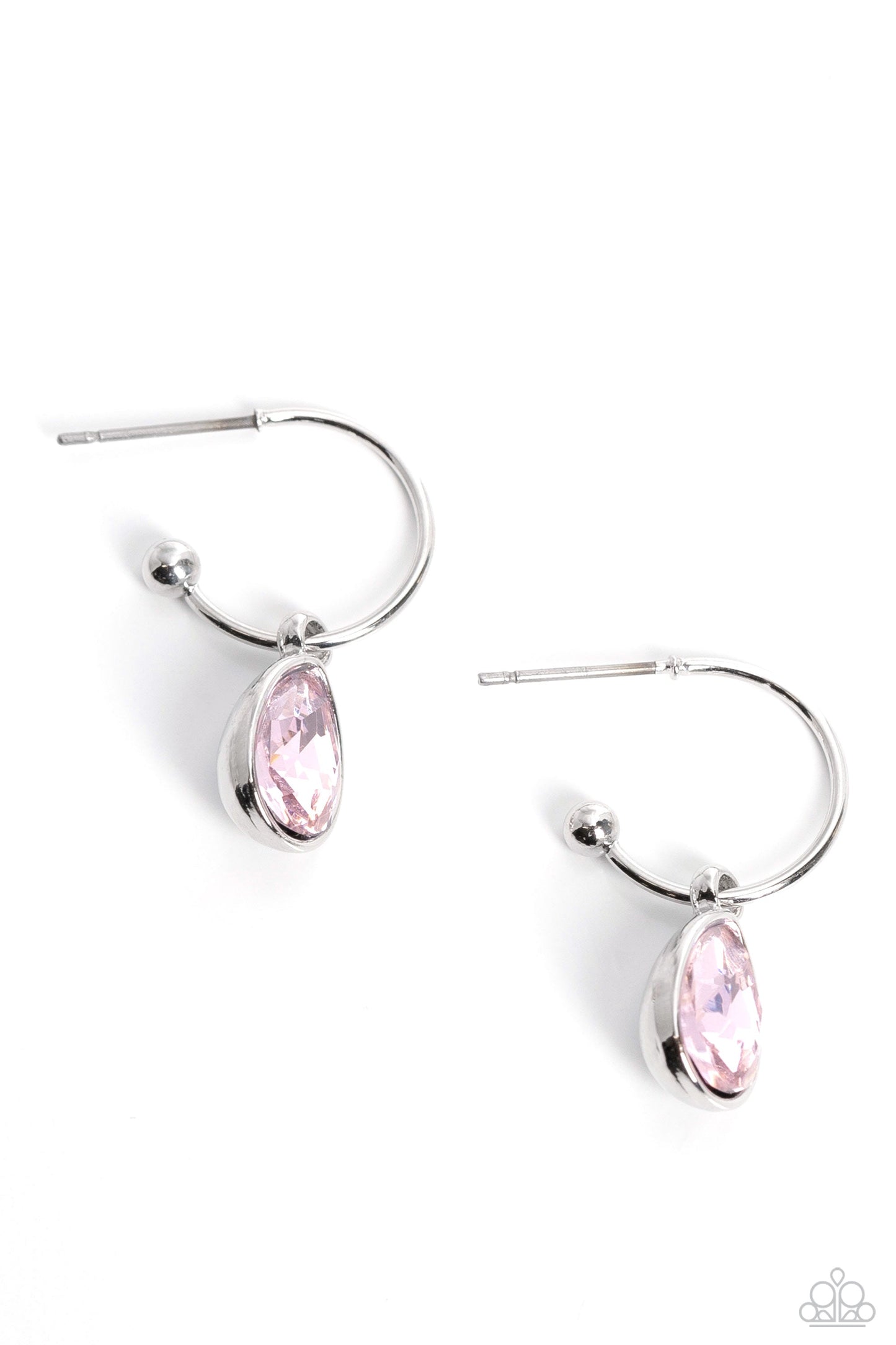 Teardrop Tassel - Pink Teardrop Gem & Small Silver Hoop Paparazzi Earrings
