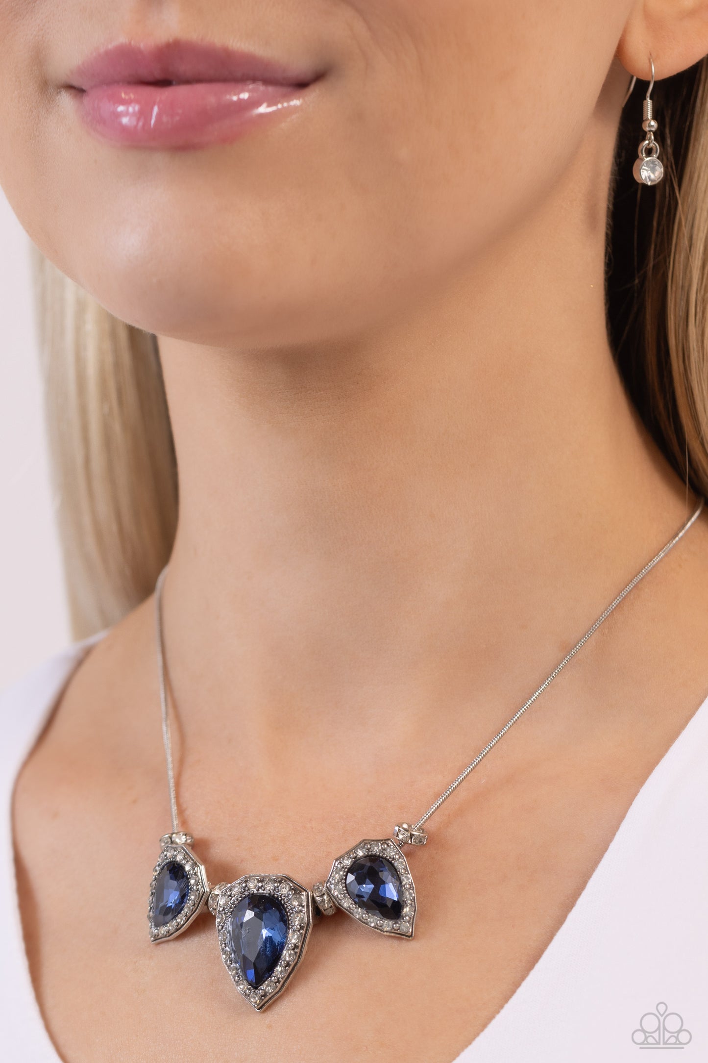 Majestic Met Ball - Blue Teardrop Gems/White Rhinestone Paparazzi Necklace & matching earrings