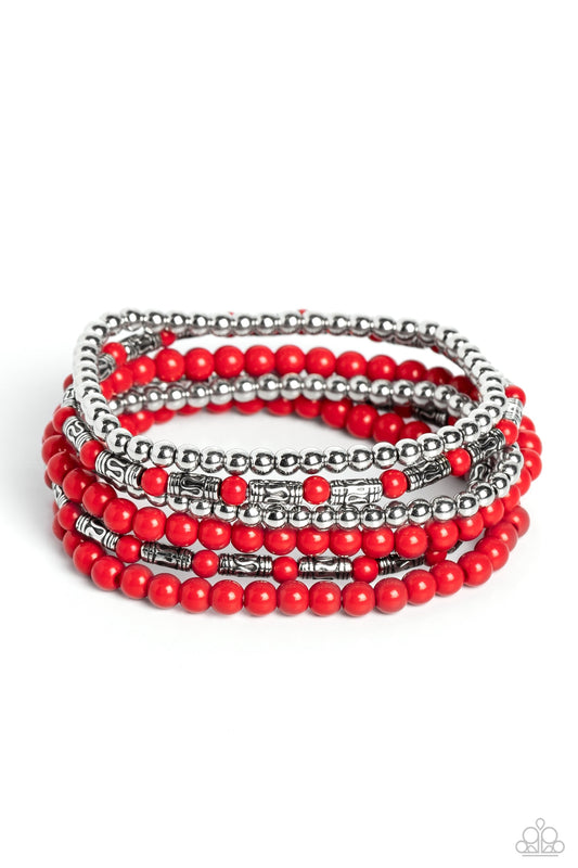 Mythical Magic - Red & Silver Beaded Paparazzi Set of 6 Stretch Bracelets