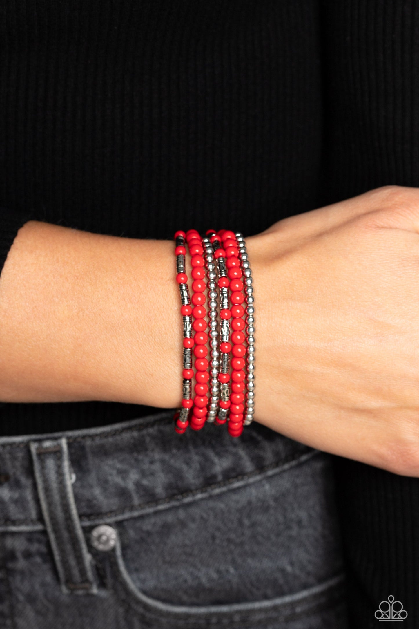 Mythical Magic - Red & Silver Beaded Paparazzi Set of 6 Stretch Bracelets