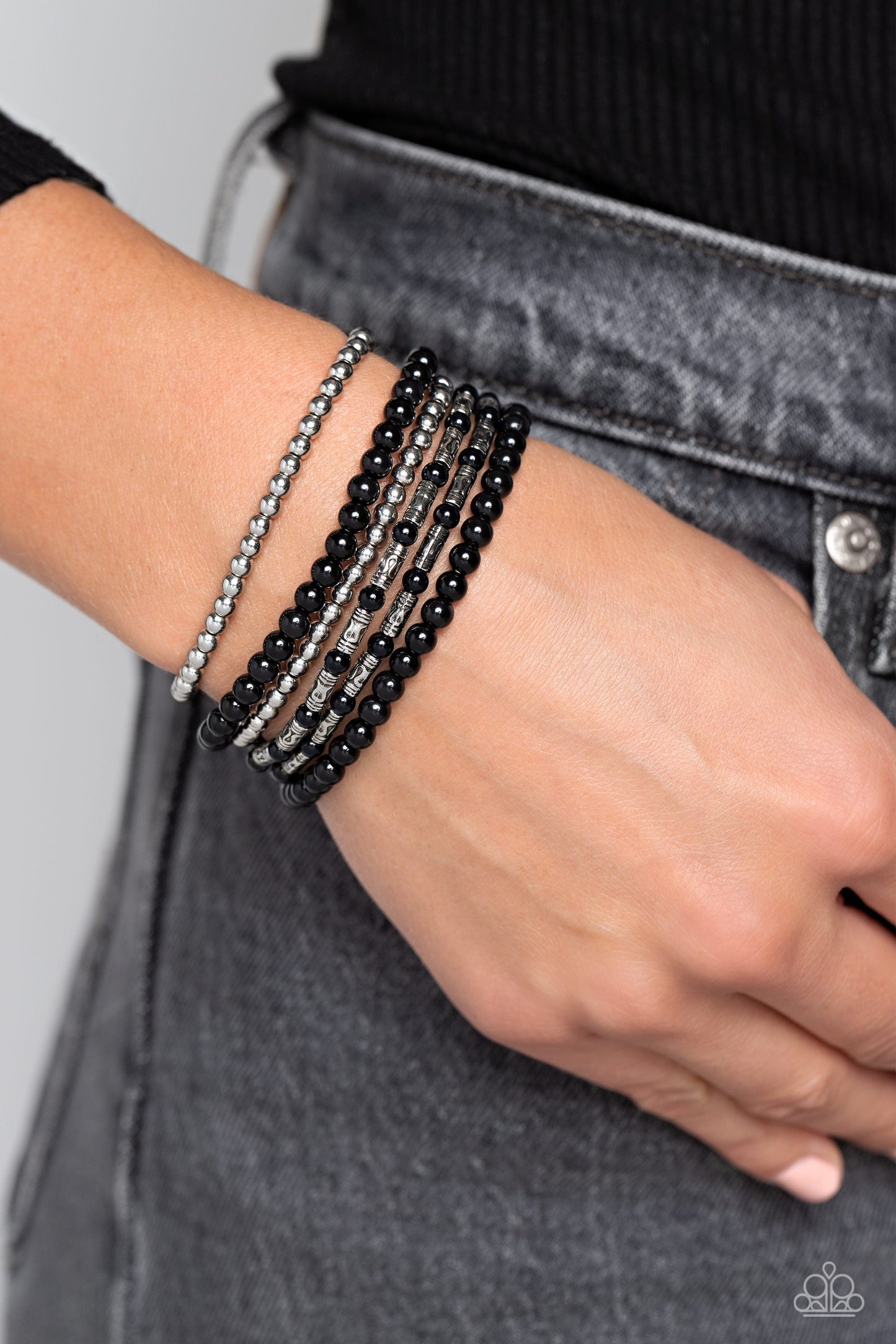 Mythical Magic - Black & Silver Beaded Set of 6 Paparazzi Stretch Bracelets