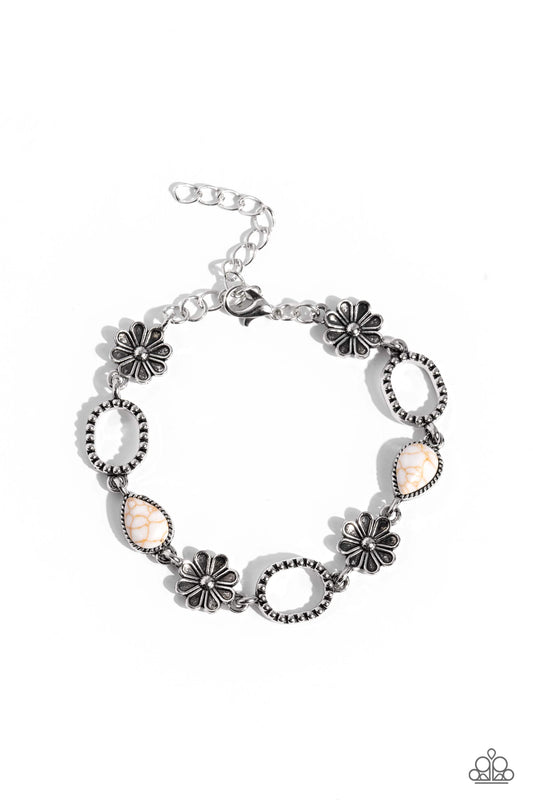 Casablanca Craze - White Teardrop Stones & Metallic Daisy Charms Paparazzi Adjustable Bracelet