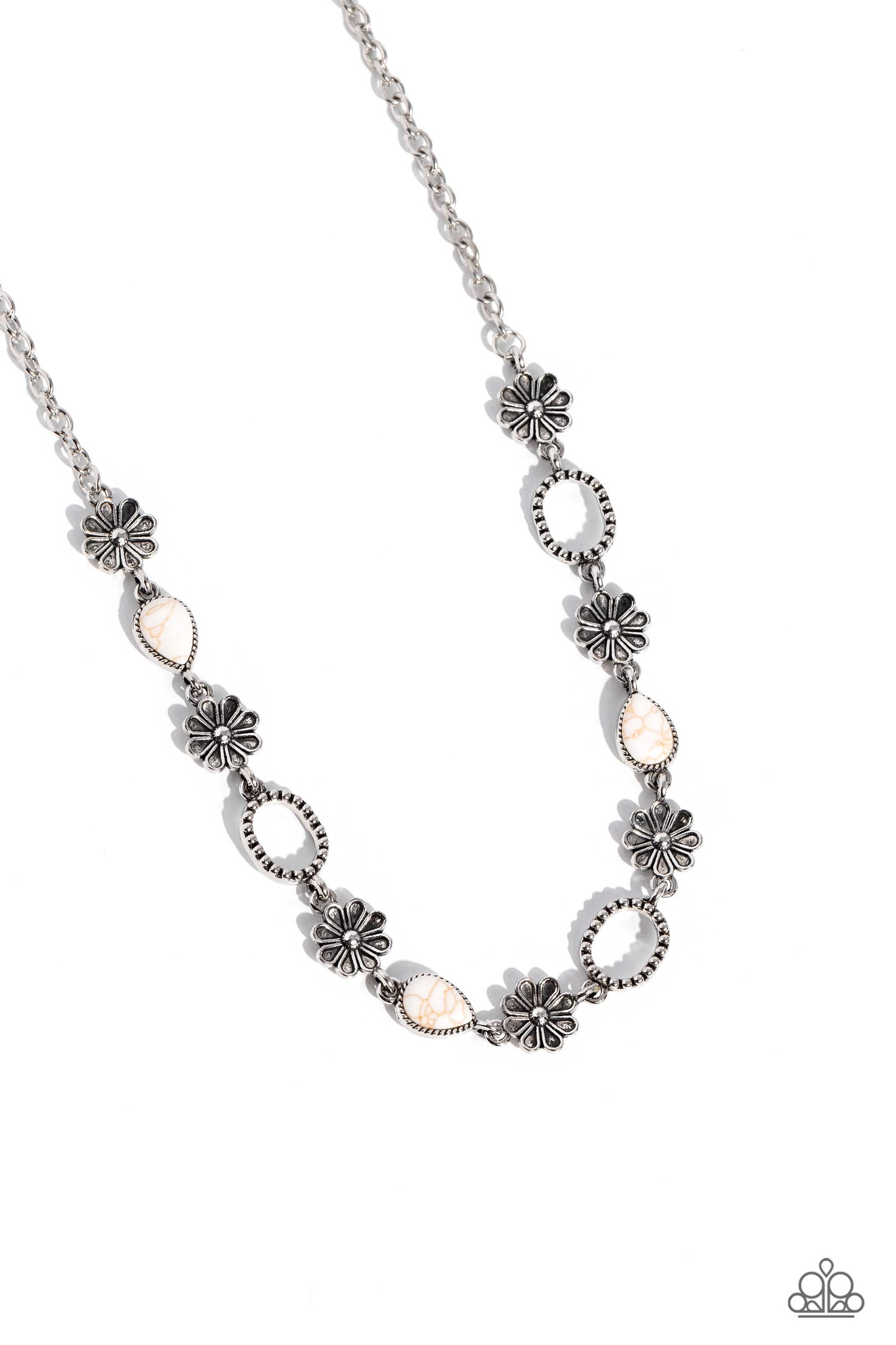 Casablanca Chic - White Teardrop Stones/Metallic Daisy Charms Paparazzi Necklace & matching earrings