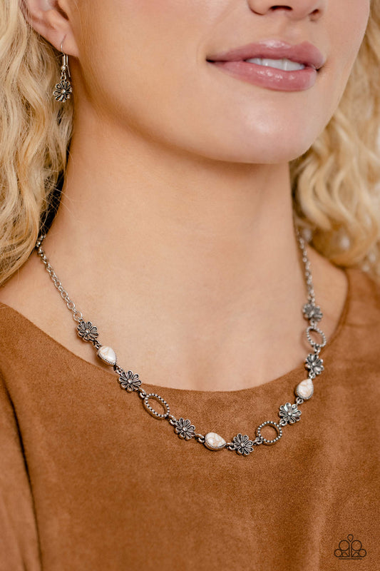 Casablanca Chic - White Teardrop Stones/Metallic Daisy Charms Paparazzi Necklace & matching earrings