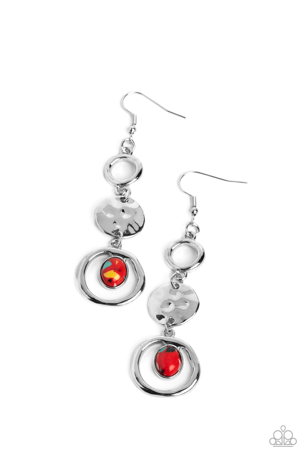 Marble Montage  - Red Marbled Stone & Silver Hammered Disc Paparazzi Earrings