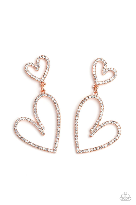 Doting Duo - Copper Oversized Rhinestone-Encrusted Heart Paparazzi Earrings