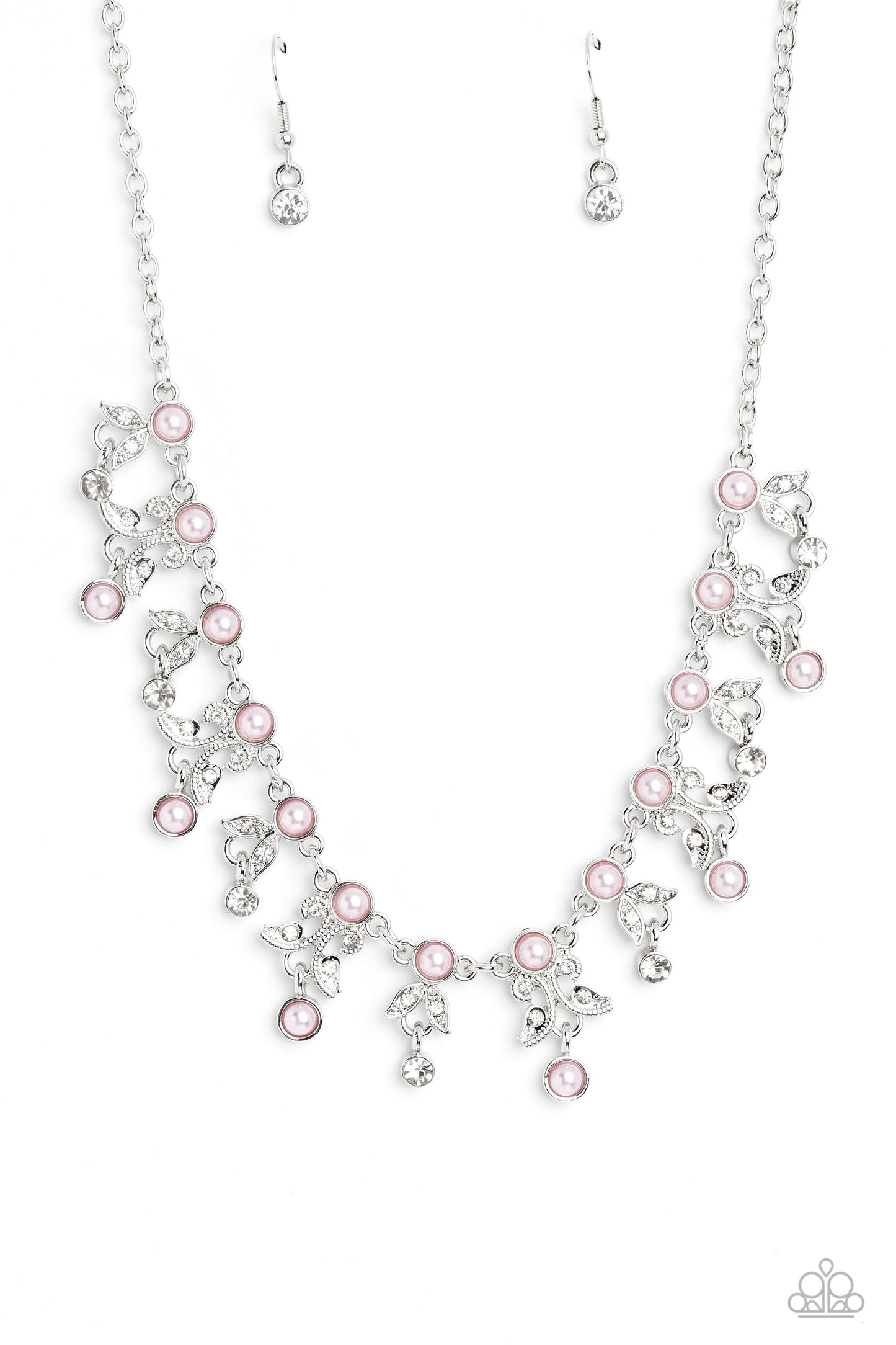 Garden Princess - Pink Pearls/Leaf-Like Filigree/White Rhinestone Paparazzi Necklace & matching earrings