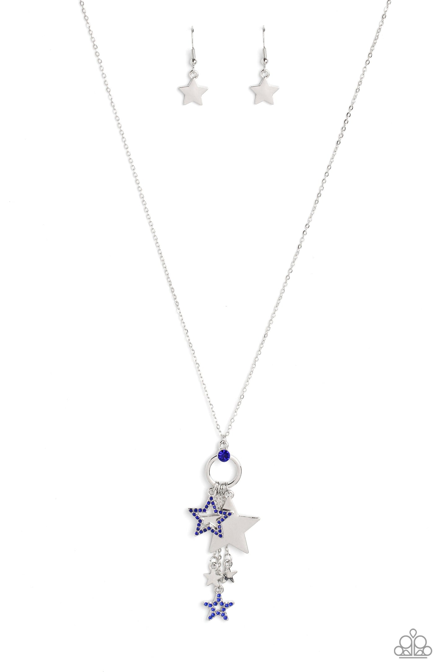 Starry Statutes - Blue Rhinestone Stars/Silver Stars Pendant Paparazzi Necklace & matching earrings