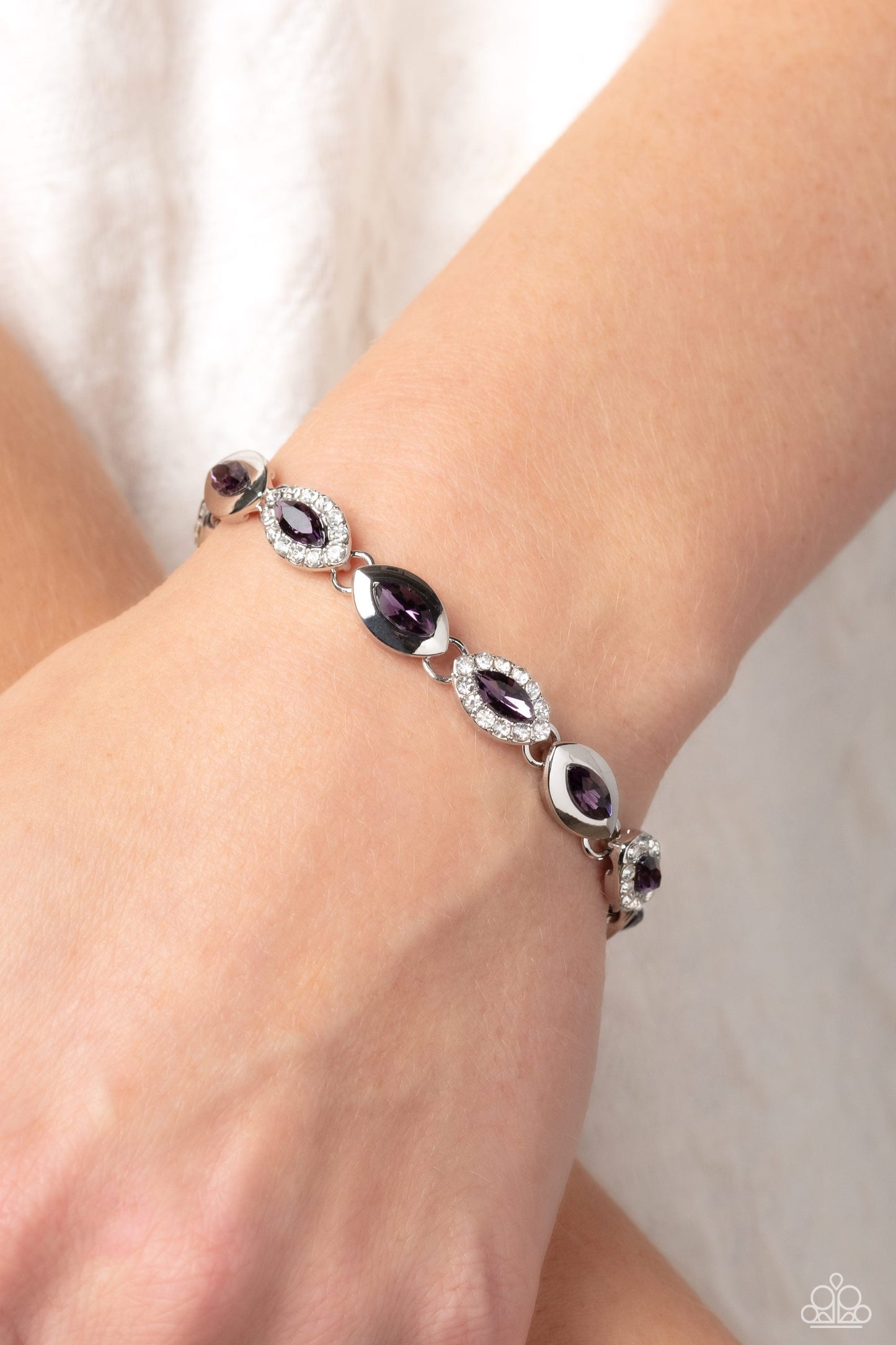 Some Serious Sparkle - Purple Rhinestones/Silver Marquise-Cut Frames Paparazzi Adjustable Bracelet