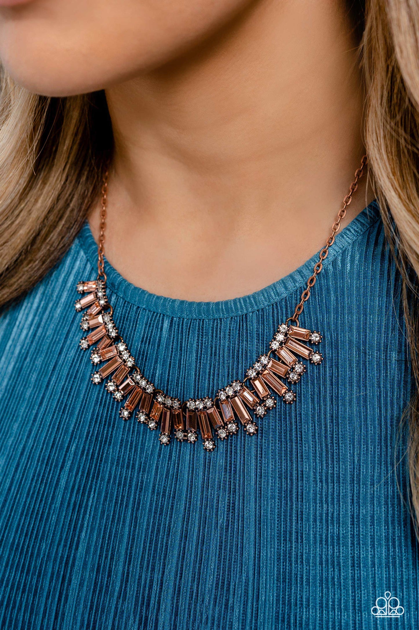 Sunburst Season - Copper Metallic Finish Bars/White Gems Paparazzi Necklace & matching earrings