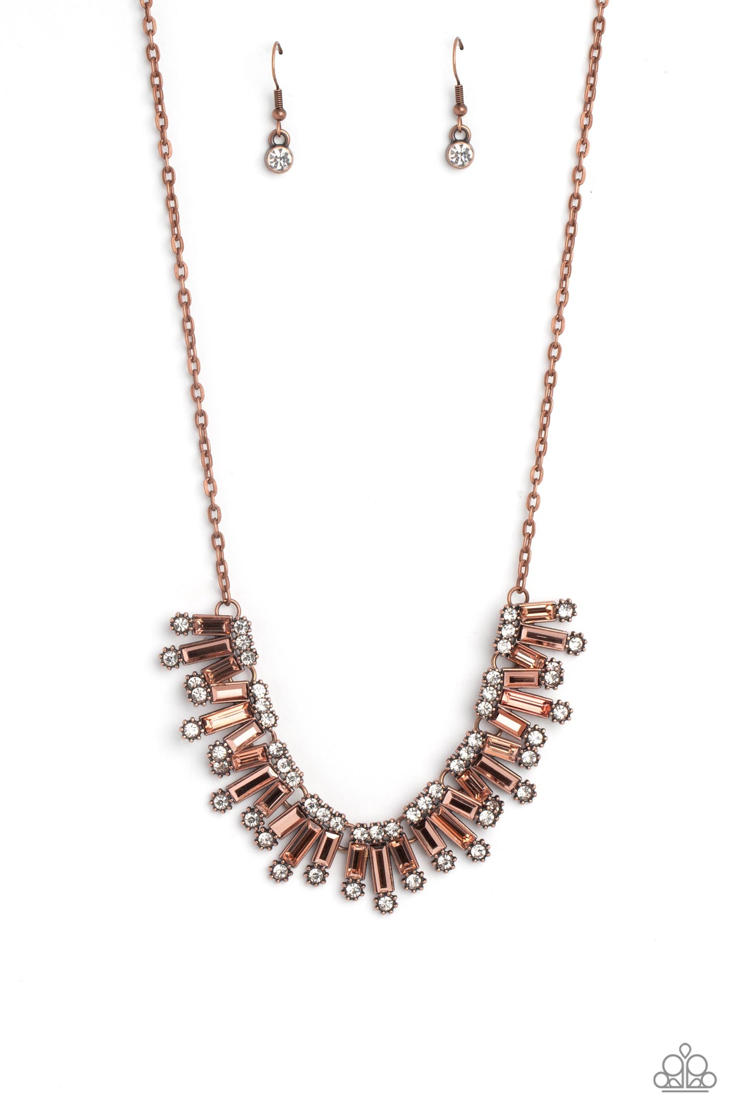 Sunburst Season - Copper Metallic Finish Bars/White Gems Paparazzi Necklace & matching earrings