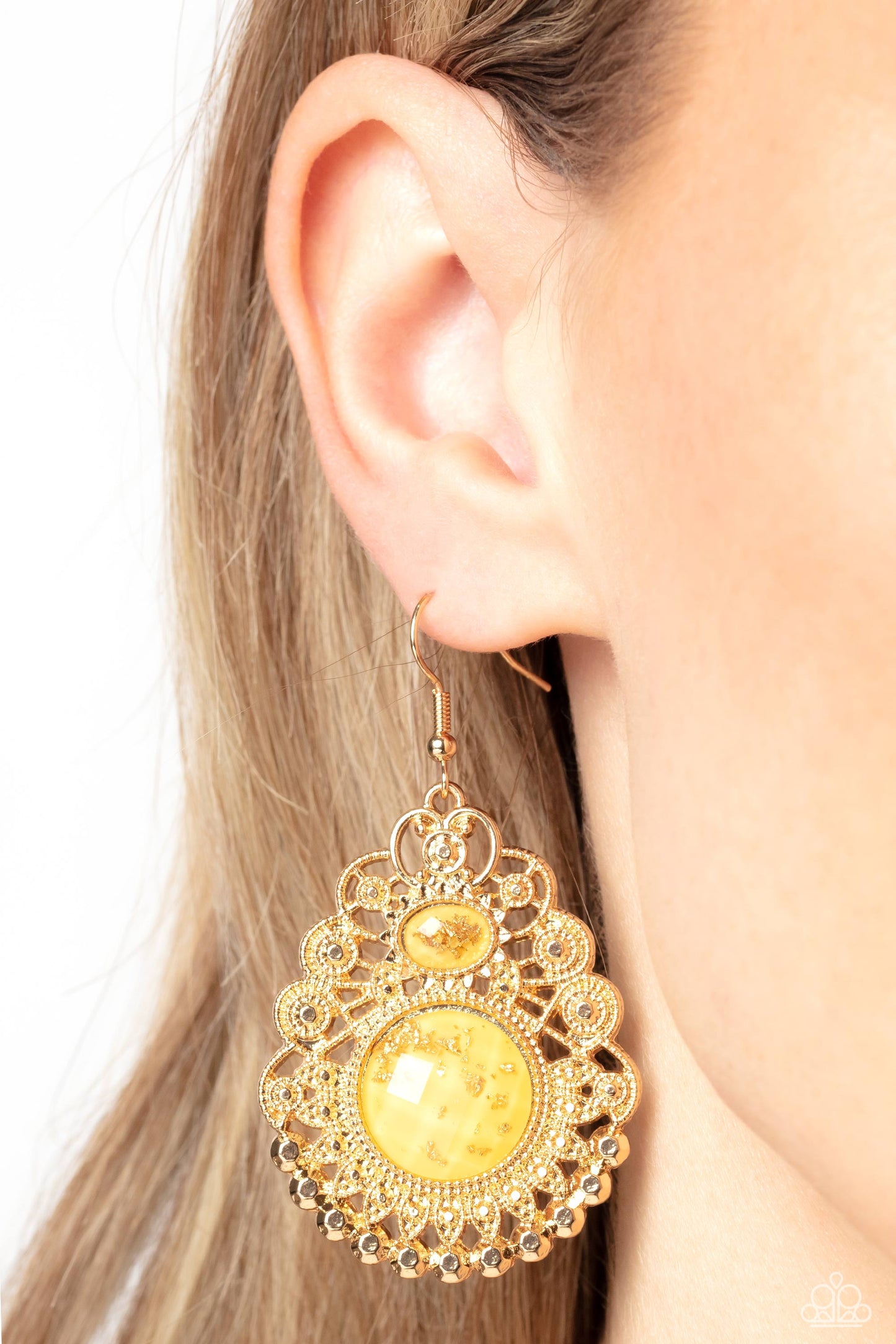 Welcoming Whimsy - Yellow & Gold Foil Beaded Paparazzi Earrings