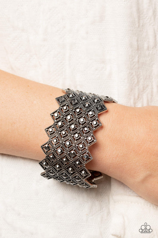 DECO in the Rough - Silver Studded Diamond Frames & Hematite Rhinestone Paparazzi Stretch Bracelet