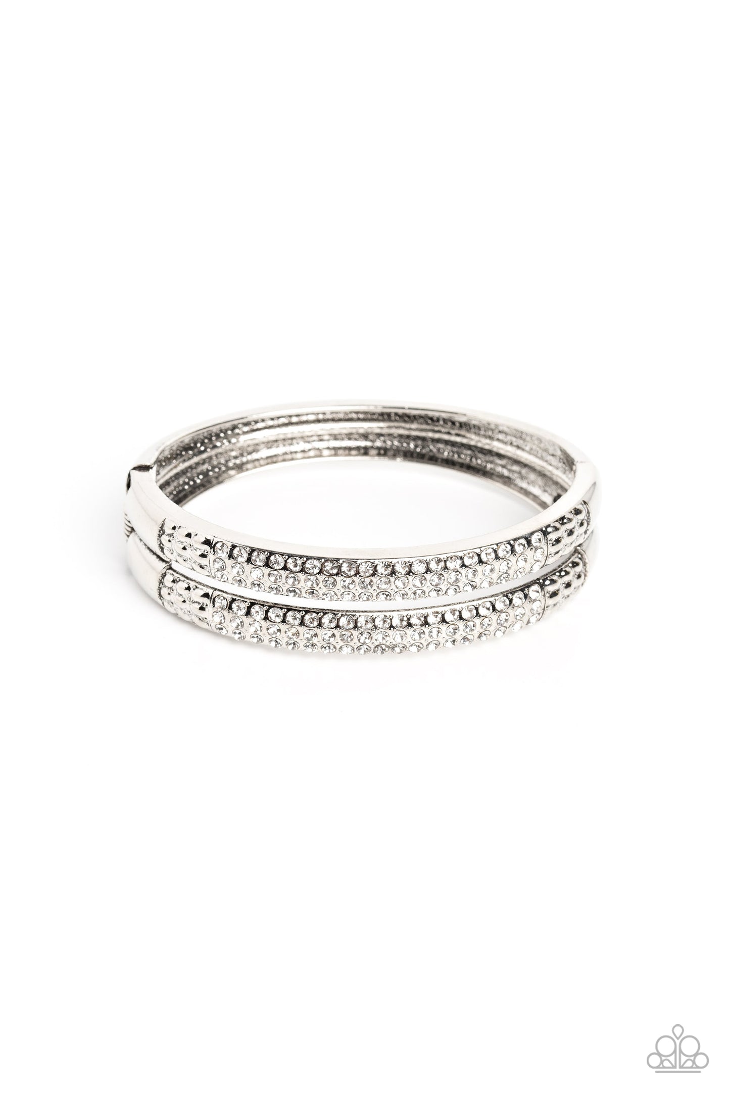 STACKED Up - White Dainty Rhinestone Encrusted Thick Silver Bars Paparazzi Hinge Bracelet