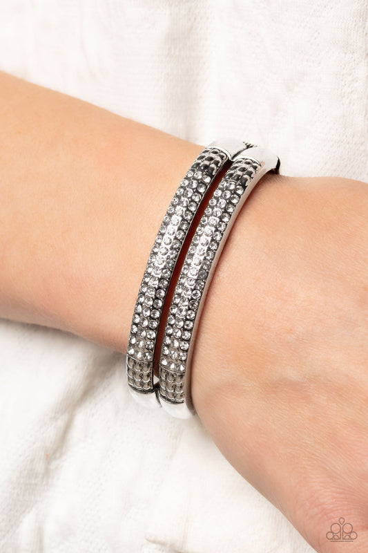 STACKED Up - White Dainty Rhinestone Encrusted Thick Silver Bars Paparazzi Hinge Bracelet