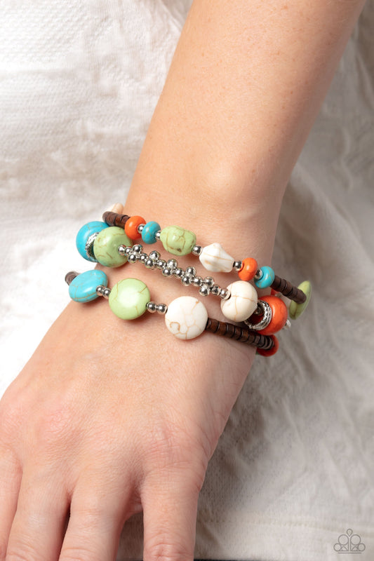 Operation Outdoors - Multi Stones, Brown Wooden Beads, & Silver Accent Paparazzi Cuff Bracelet