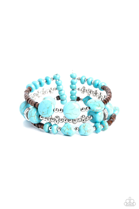 Operation Outdoors - Blue/Turquoise Stones, Wooden Beads, & Silver Accent Paparazzi Cuff Bracelet