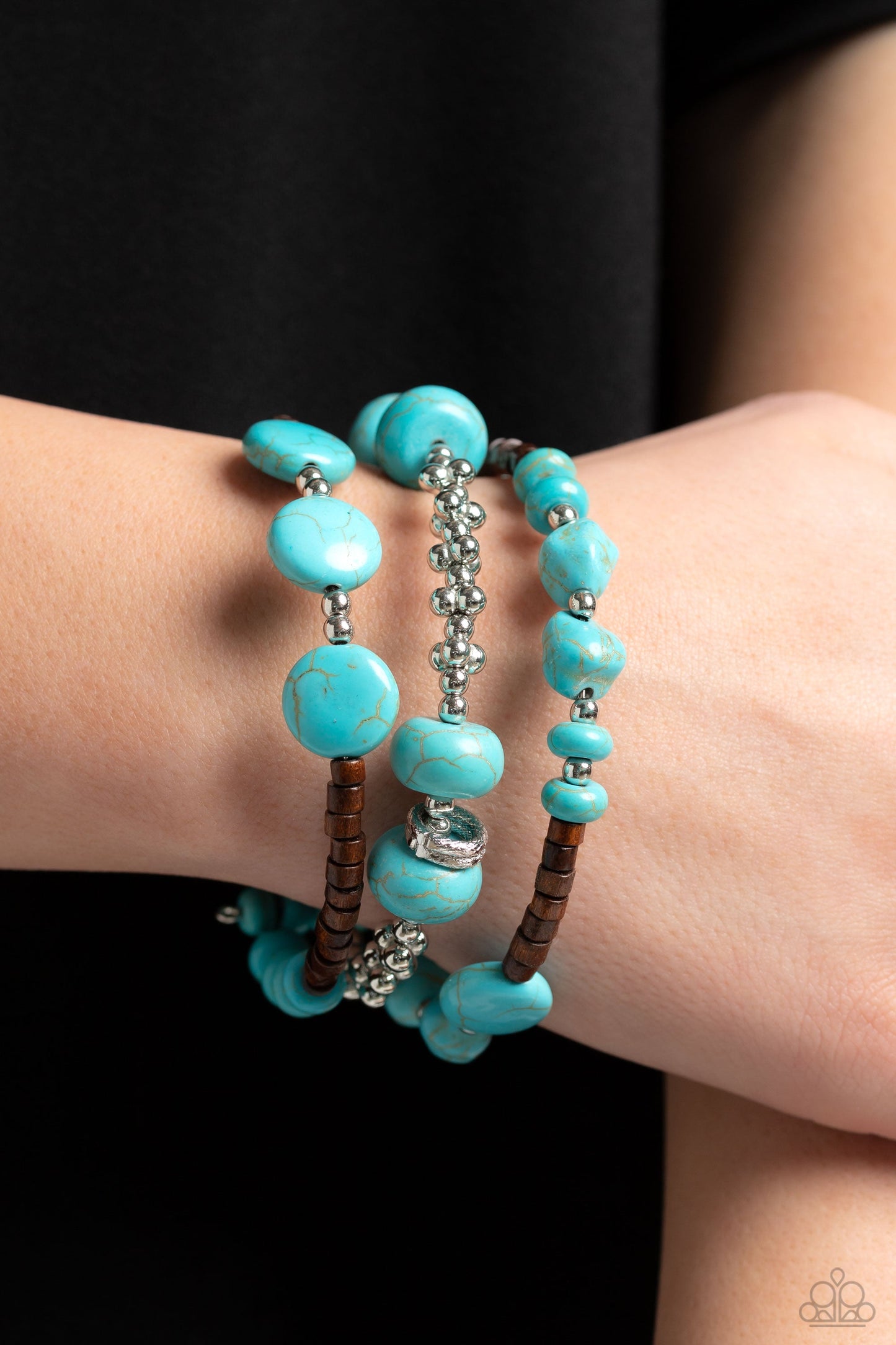 Operation Outdoors - Blue/Turquoise Stones, Wooden Beads, & Silver Accent Paparazzi Cuff Bracelet