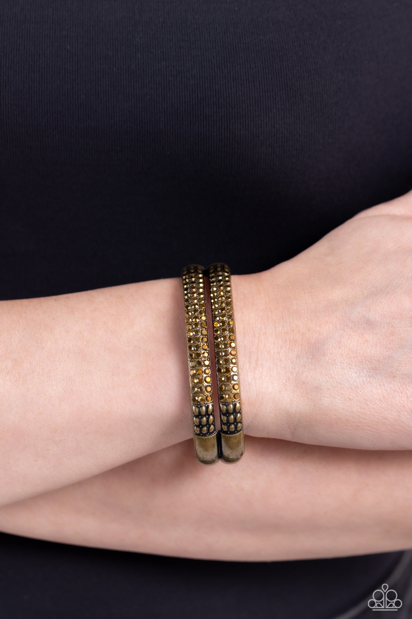 STACKED Up - Brass Thick Bars/Aurum Rhinestones Paparazzi Hinge Bracelet