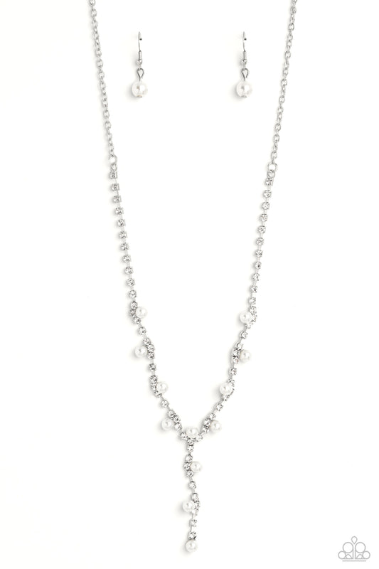 Upper Class - White Rhinestone/White Pearl Lariat-Like Necklace and matching earrings