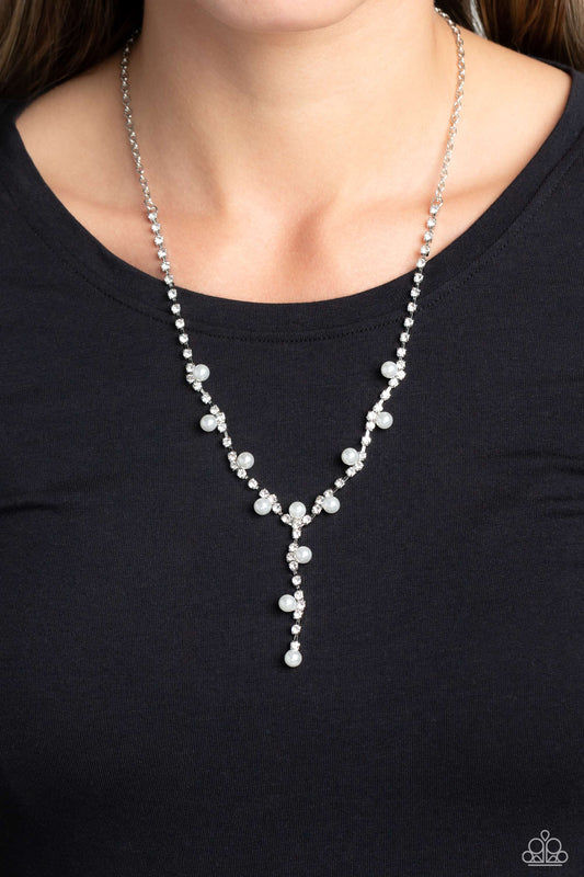 Upper Class - White Rhinestone/White Pearl Lariat-Like Necklace and matching earrings