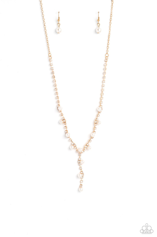 Upper Class - Gold Links, White Rhinestones, Gold Box Chain Paparazzi Necklace & matching earrings