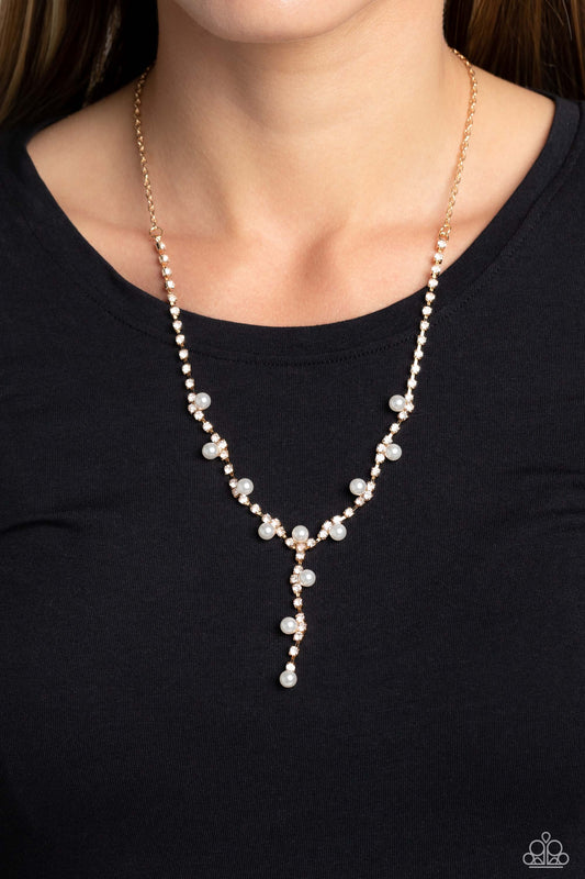 Upper Class - Gold Links, White Rhinestones, Gold Box Chain Paparazzi Necklace & matching earrings