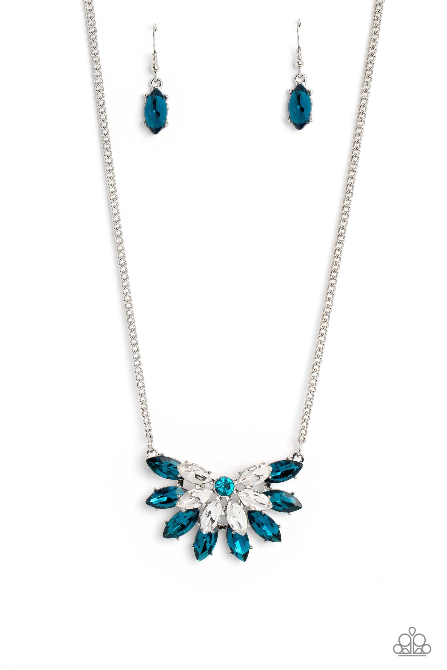 Frosted Florescence - Blue & White Marquise-Cut Rhinestone Fan Pendant Paparazzi Necklace & matching earrings