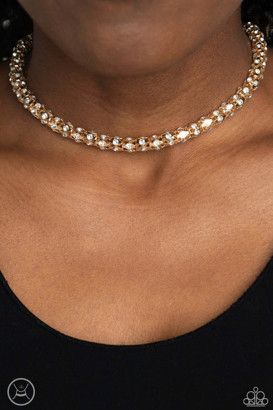Eternal Effulgence - Gold Mesh Chain Frames/White Rhinestones Paparazzi Necklace & matching earrings
