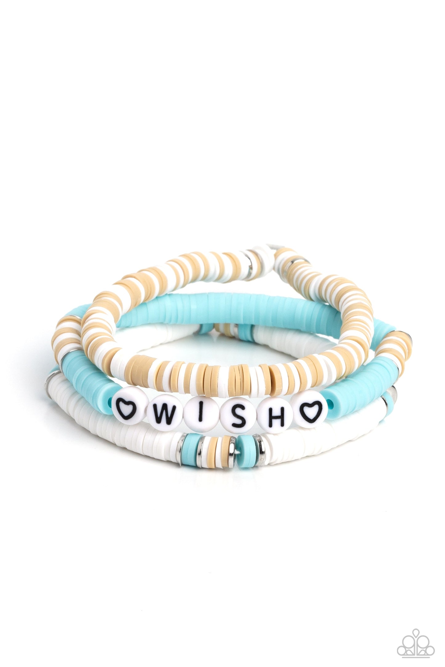 Matriarchal Melody - Blue, Tan, & White Clay Discs/White "Wish" Beaded Set of 3 Paparazzi Stretch Bracelets