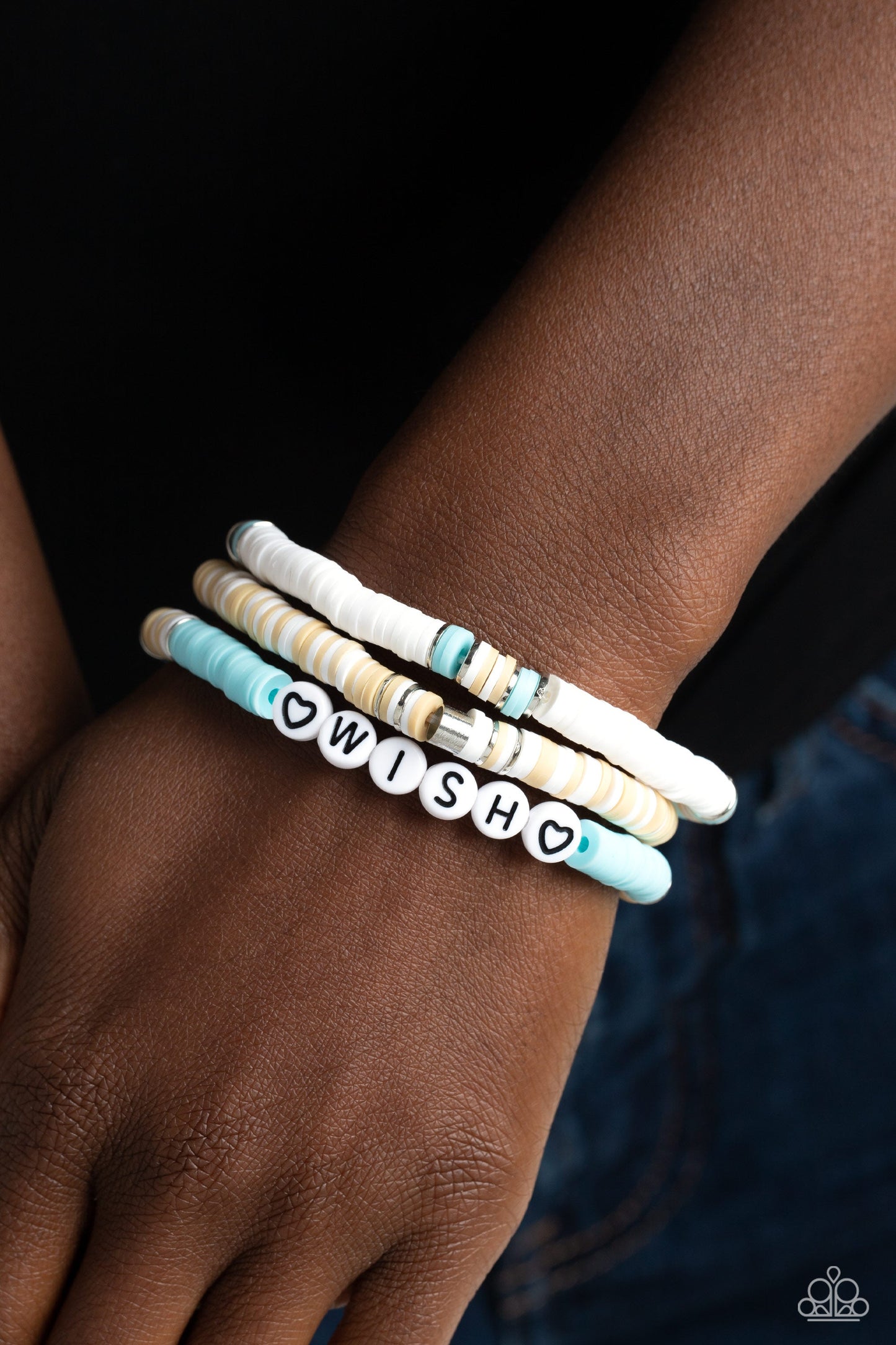 Matriarchal Melody - Blue, Tan, & White Clay Discs/White "Wish" Beaded Set of 3 Paparazzi Stretch Bracelets