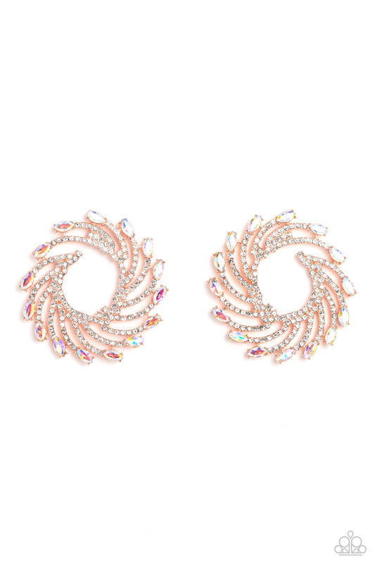 Firework Fanfare - Copper/White Rhinestone Strands/Iridescent Marquise-Cut Gems Paparazzi Earrings