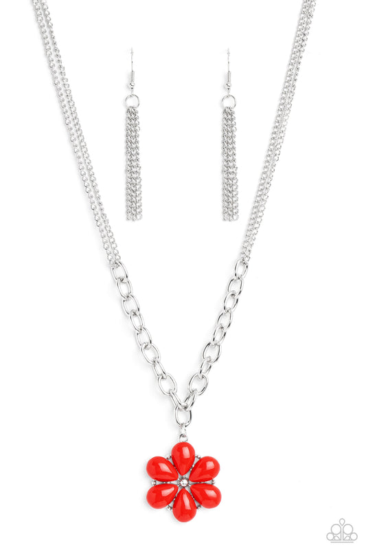 Dazzling Dahlia - Red Flower Petal Pendant Paparazzi Necklace & matching earrings