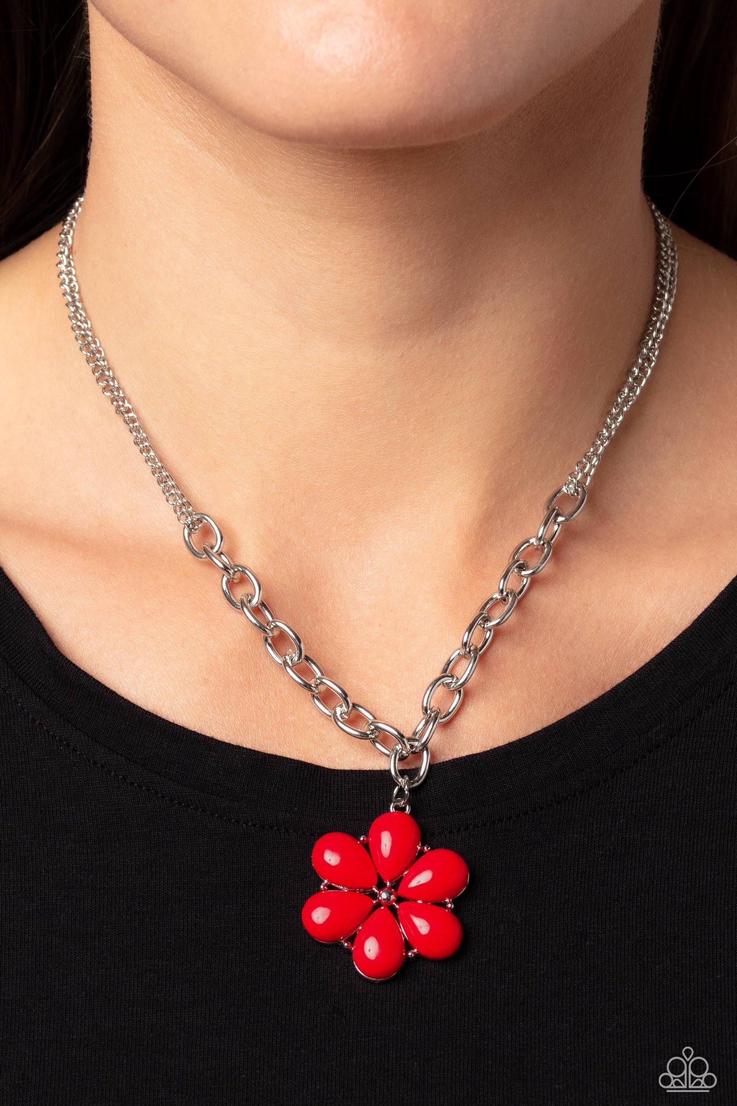 Dazzling Dahlia - Red Flower Petal Pendant Paparazzi Necklace & matching earrings