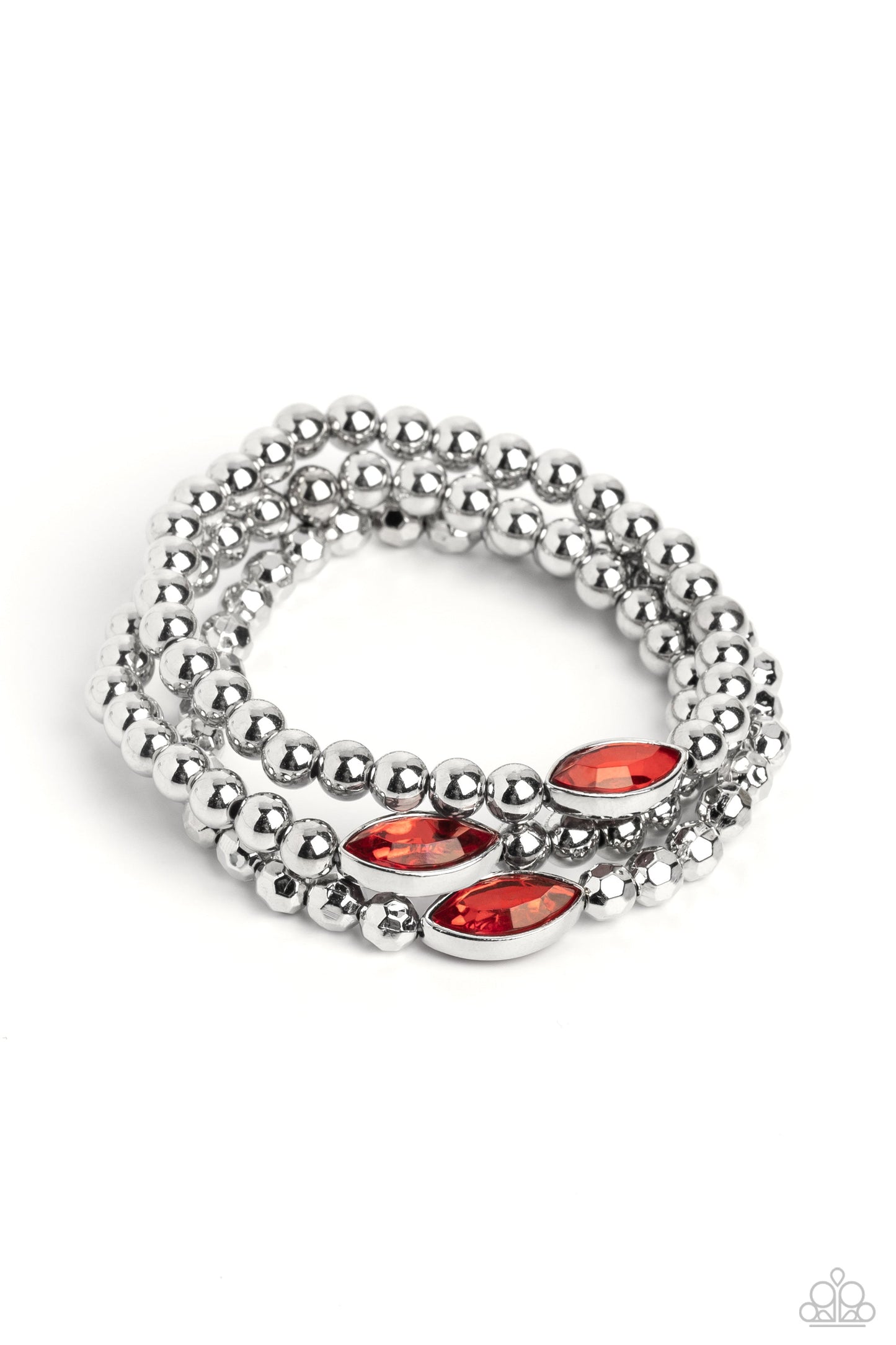 Twinkling Team - Red Marquise-Cut Gem & Silver Beaded Set of 3 Paparazzi Stretch Bracelets