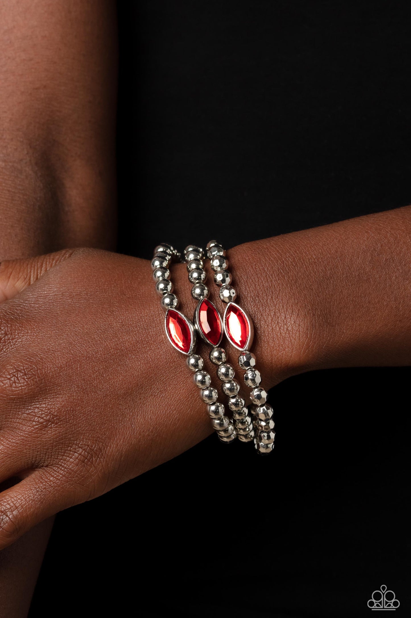 Twinkling Team - Red Marquise-Cut Gem & Silver Beaded Set of 3 Paparazzi Stretch Bracelets