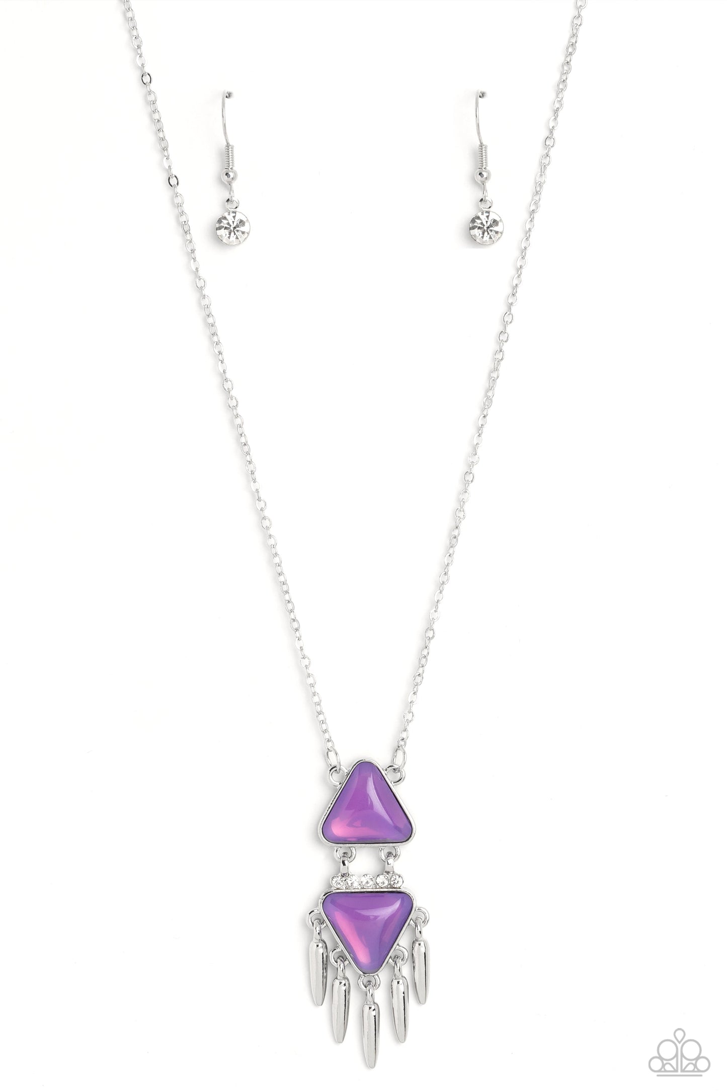 Under the FRINGE - Purple Opalescent Triangle Beads/White Rhinestones/Silver Fringe Pendant Paparazzi Necklace & matching earrings