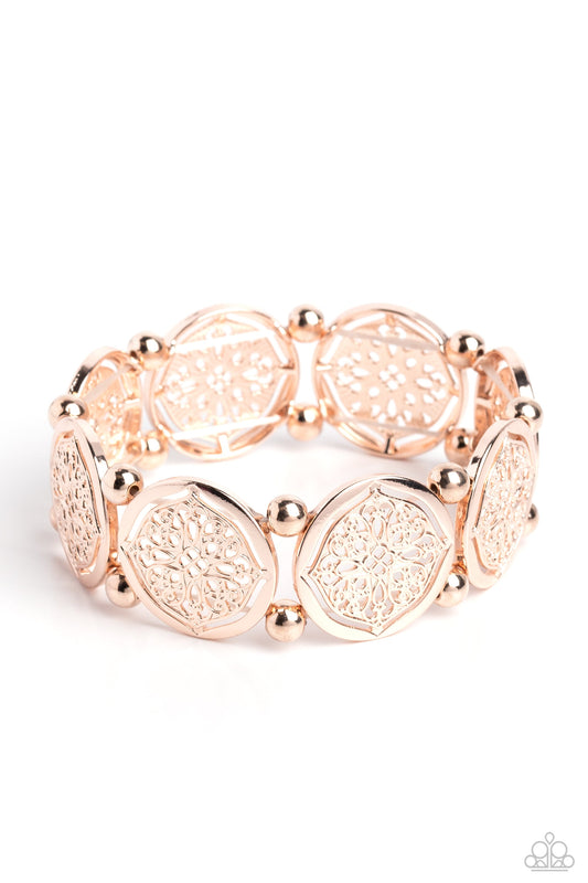 Filigree Fanfare - Rose Gold Floral-Like Filigree Disc Paparazzi Stretch Bracelet