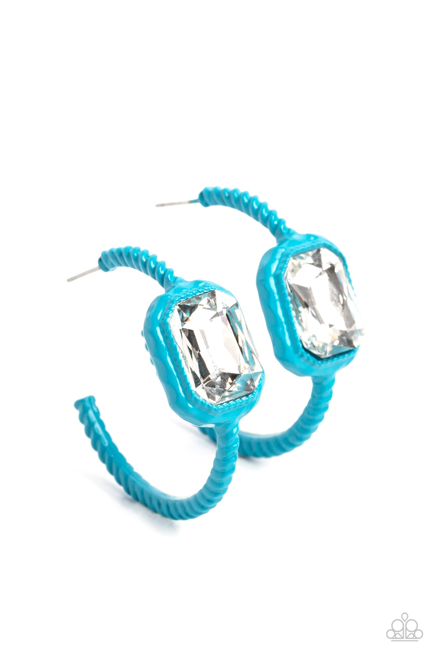 Call Me TRENDY - Blue Textured Metal/Emerald-Cut White Gem Paparazzi Hoop Earrings