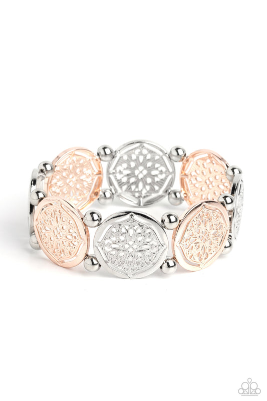 Filigree Fanfare - Multi Floral-Like Filigree Silver & Rose Gold Disc Paparazzi Stretch Bracelet