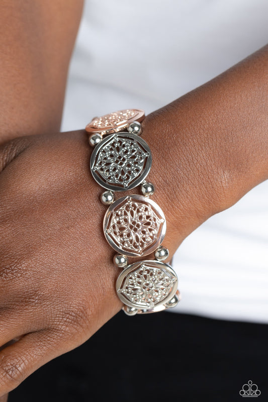 Filigree Fanfare - Multi Floral-Like Filigree Silver & Rose Gold Disc Paparazzi Stretch Bracelet
