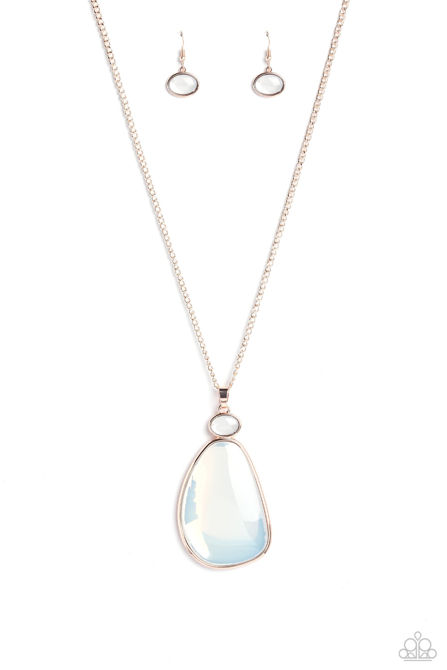 Geometric Glow - Rose Gold Abstract Frame/Oversized White Milky Oval Pendant Paparazzi Necklace & matching earrings