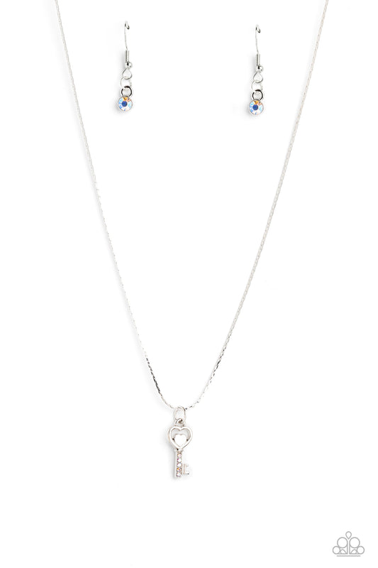 LOVE-Locked - Multi Iridescent Rhinestone Key Pendant Paparazzi Necklace & matching earrings