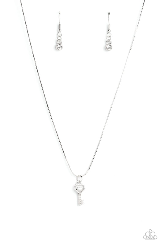 LOVE-Locked - White Dainty Rhinestone Encrusted Key Pendant Paparazzi Necklace & matching earrings