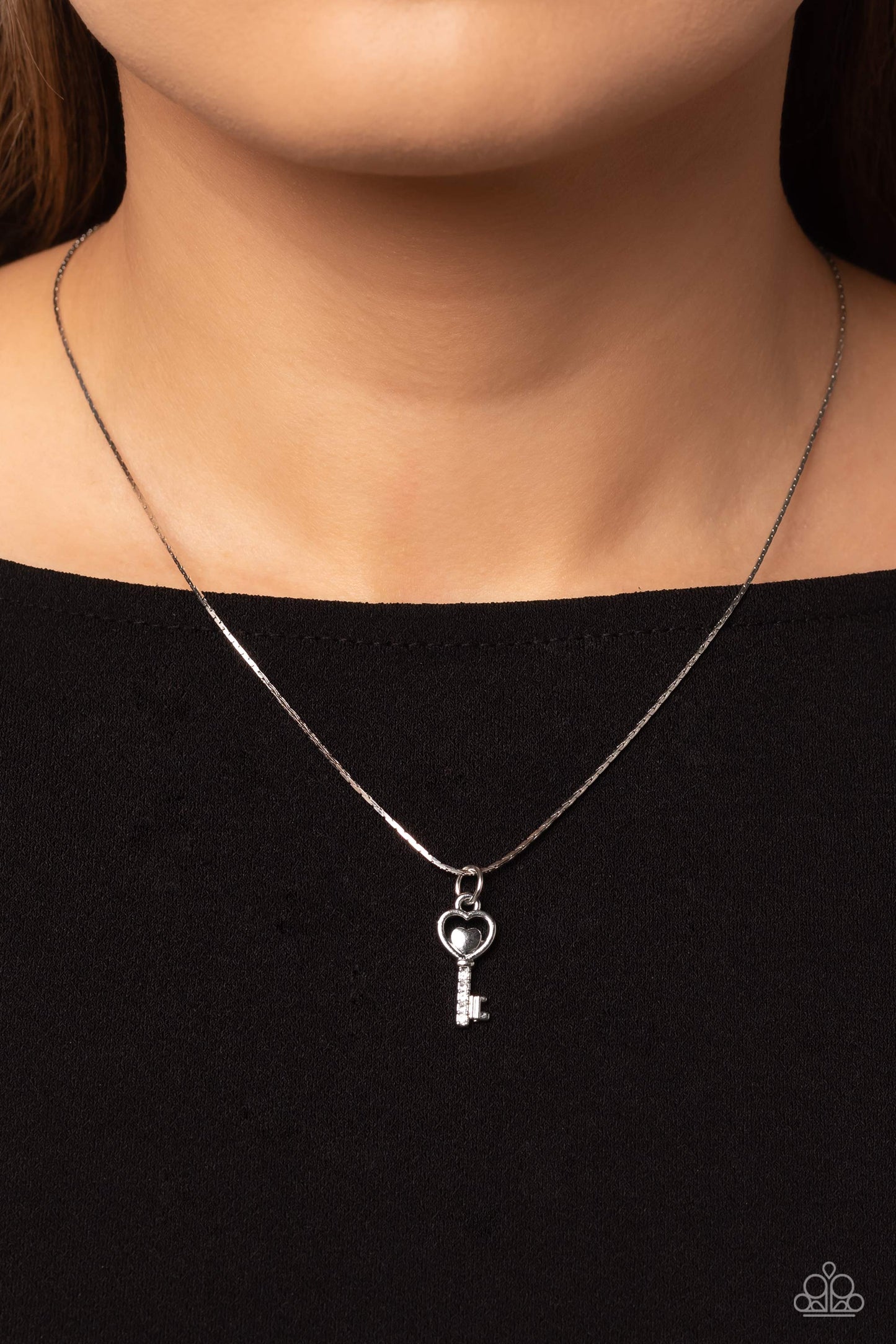 LOVE-Locked - White Dainty Rhinestone Encrusted Key Pendant Paparazzi Necklace & matching earrings