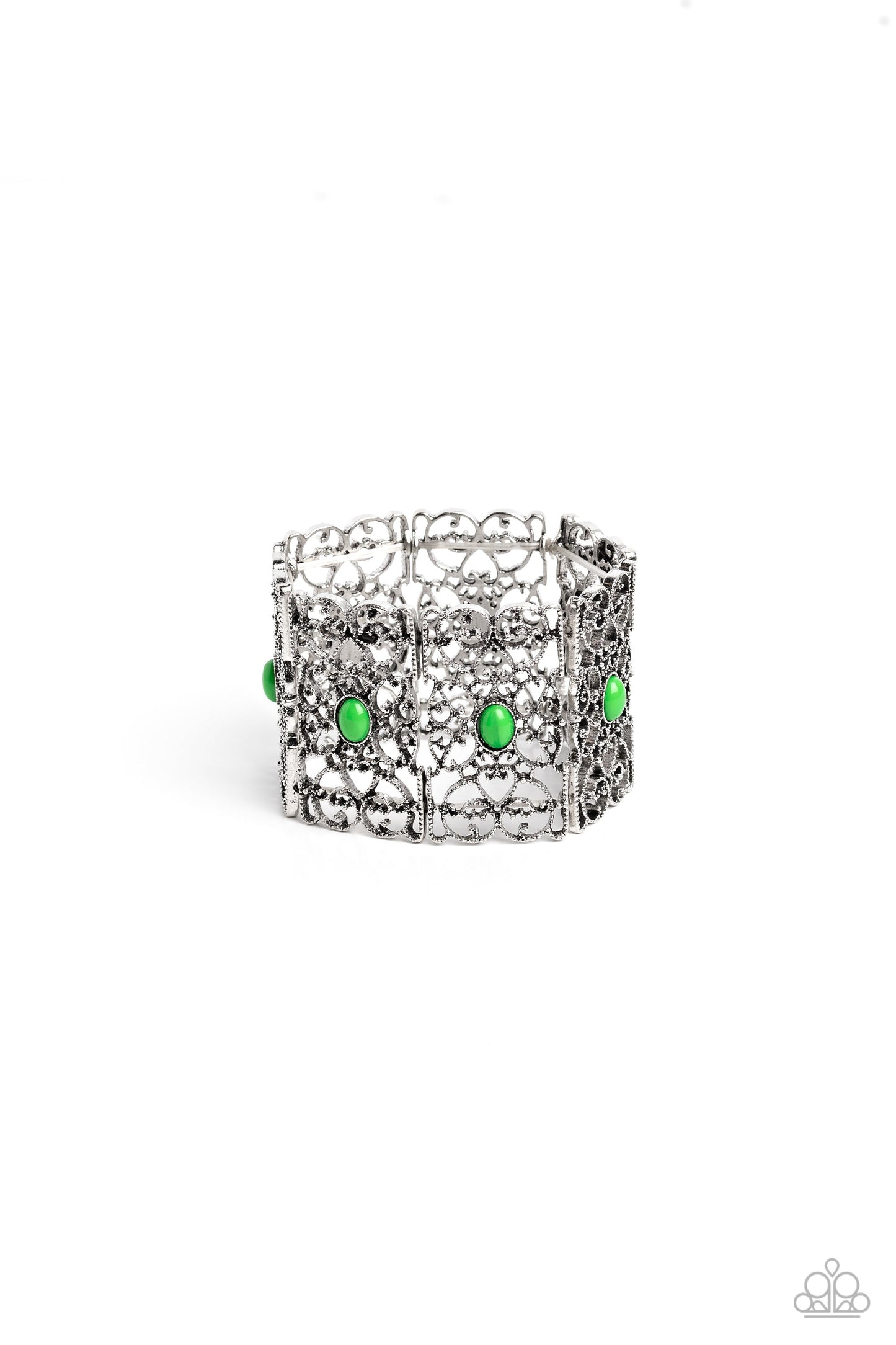 Fairest Filigree - Green Beads & Swirling Silver Filigree Paparazzi Stretch Bracelet