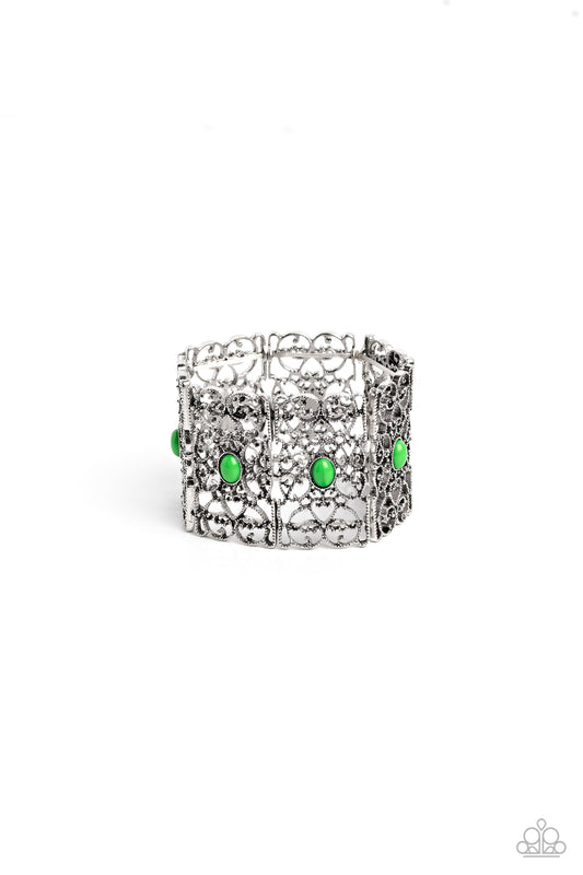 Fairest Filigree - Green Beads & Swirling Silver Filigree Paparazzi Stretch Bracelet