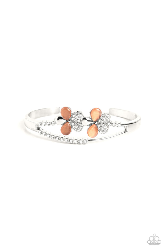 Broadway Stage - Orange Cat's Eye & White Rhinestone Flower Paparazzi Cuff Bracelet