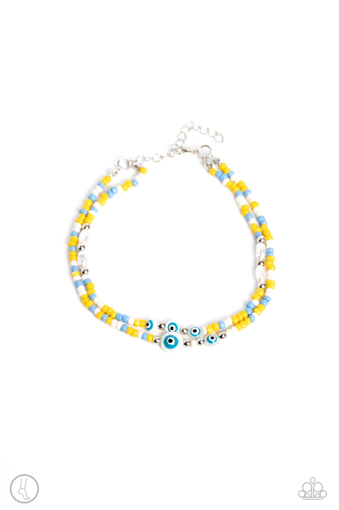 Enchanting Energy - Yellow, White, Blue Seed Beads/Baroque Pearls/White Eye Like Charm Paparazzi Anklet